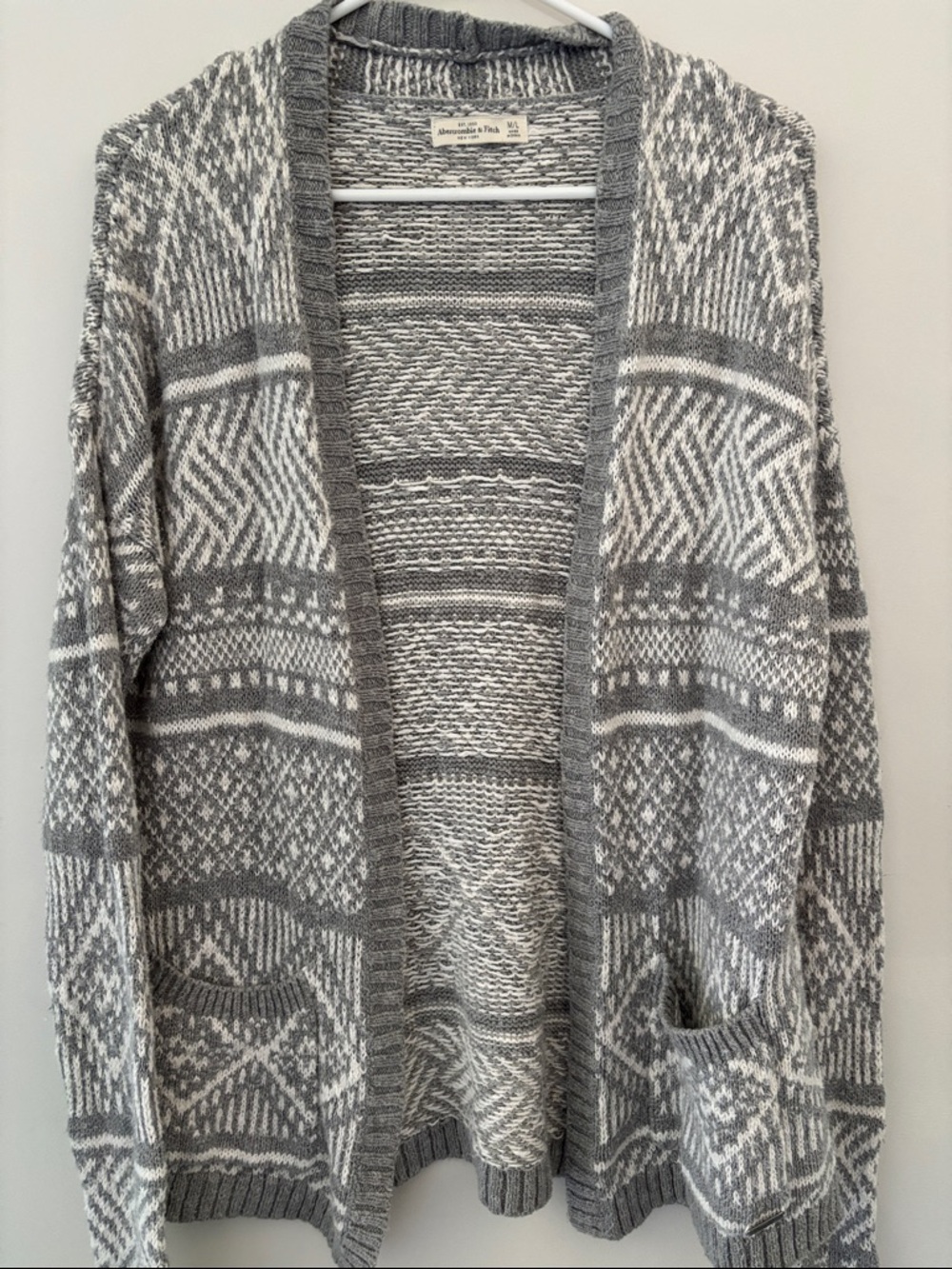 Abercrombie & Fitch Gray and White Open Knit Patterned Cardigan